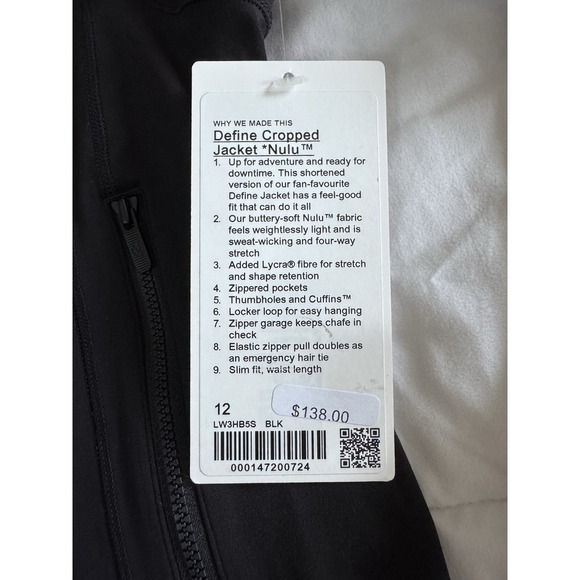 New Size 12 Lululemon Nulu Cropped Define Jacket Black Thumbholes Full Zip $138 - Picture 2 of 15